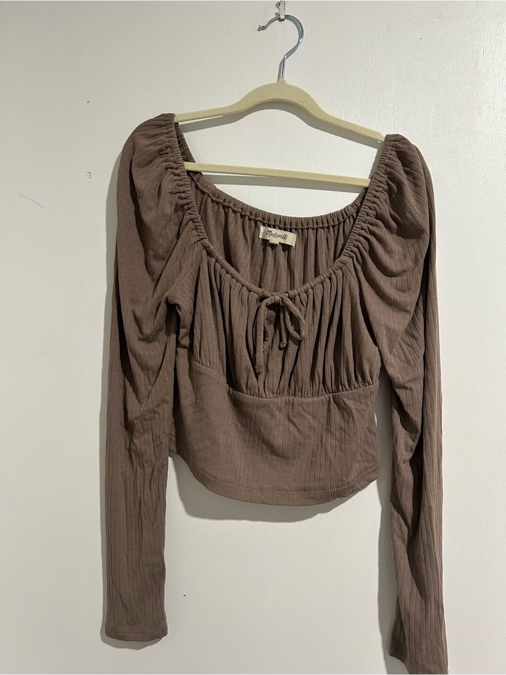 Madewell Ribbed Off-the-Shoulder Tie-Front Crop Top Taupe Brown - Size S